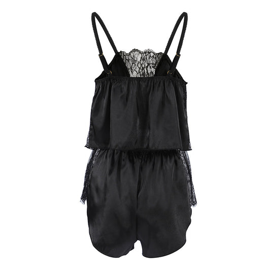 Summer Black Light Luxury Lace Satin Suspender Shorts Pajamas Set Home Wear for Women