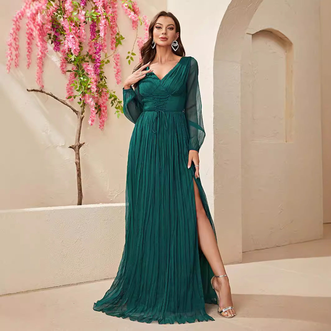 Dress Long Sleeve Chiffon V neck Slit Dress Waist Controlled Lace up Pleated Maxi Dress