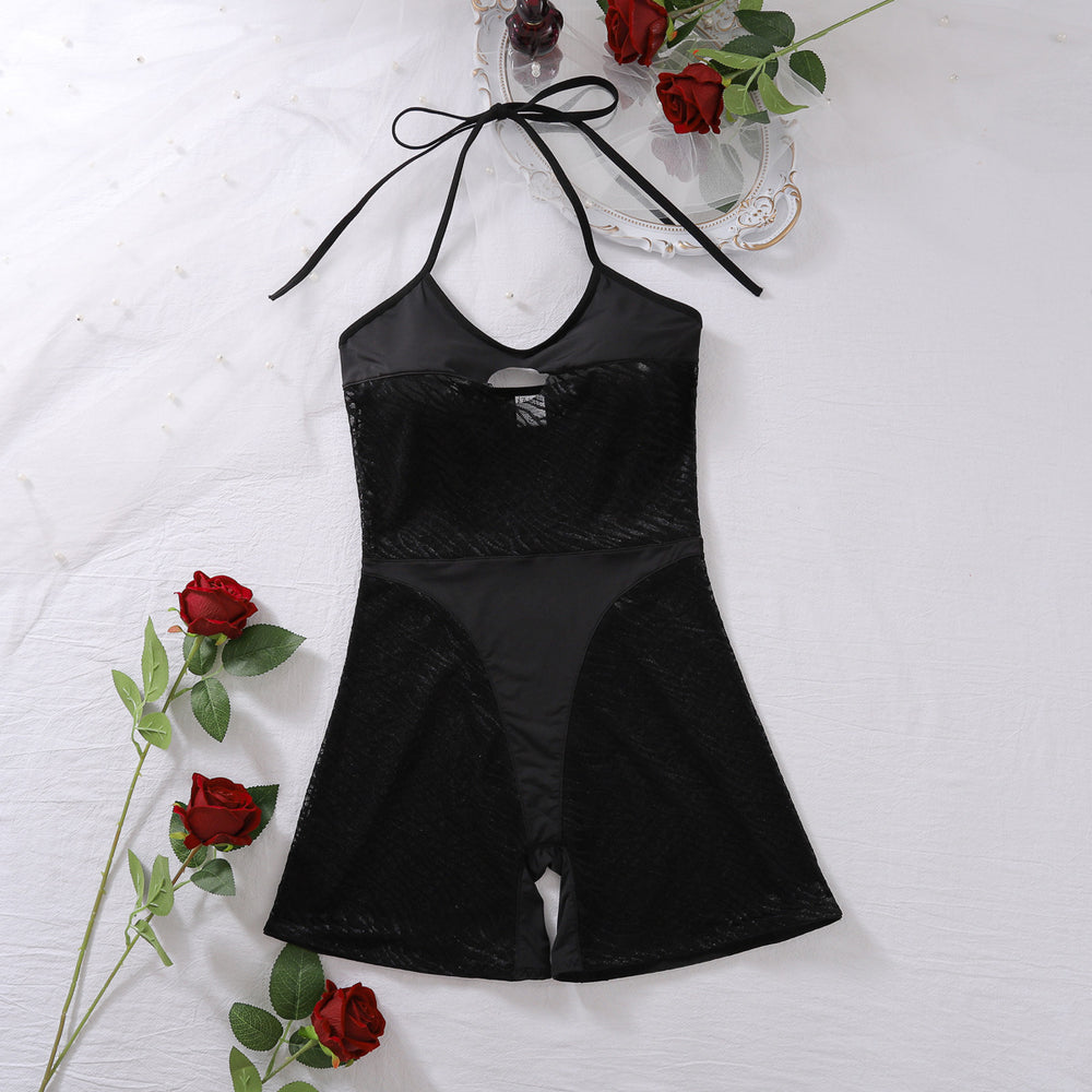 Summer Sexy Mesh Hollow Out Cutout Lace up Halterneck Underwear Casual Skinny Sheath Jumpsuit Women