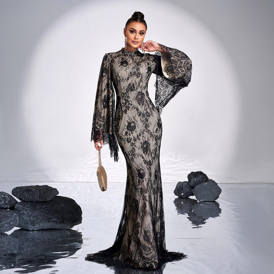 High End Long Sleeve Crew Neck Sexy Long Lace Cocktail Evening Dress Bridesmaid Dress Women