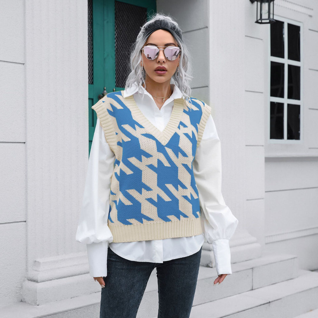 Houndstooth V-neck Vest Sweater Women Vest Outer Wear Inner Wear Autumn Winter Knitwear Sweater Boucle