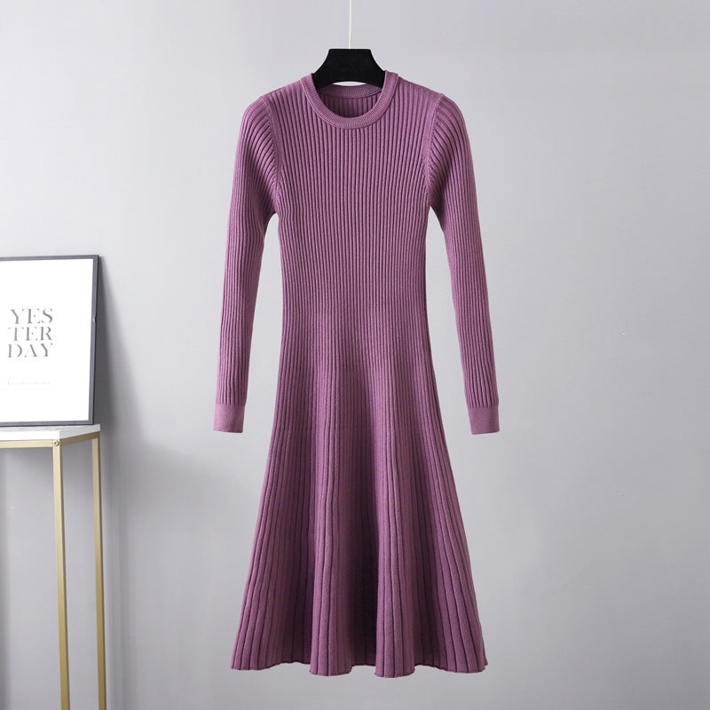 Fall Winter Slim Dress Women Mid Length Dress Round Neck Maxi Dress Solid Color Inner Wear Base Sweater Dress A line Dress
