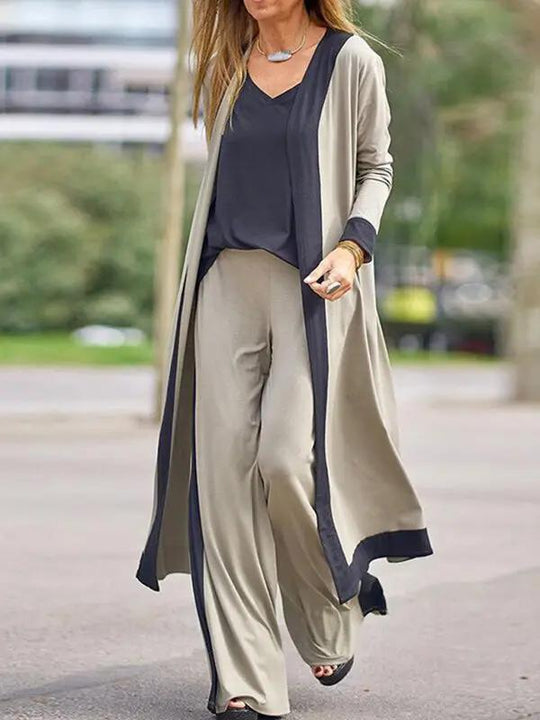 Women's Casual Contrasting Color Sleeveless Vest + Long Sleeve Cardigan Jacket + Trousers Three Sets