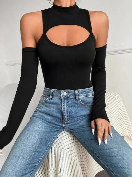 Women's sexy irregular hollow long -sleeved slim -body off -shoulder jacket