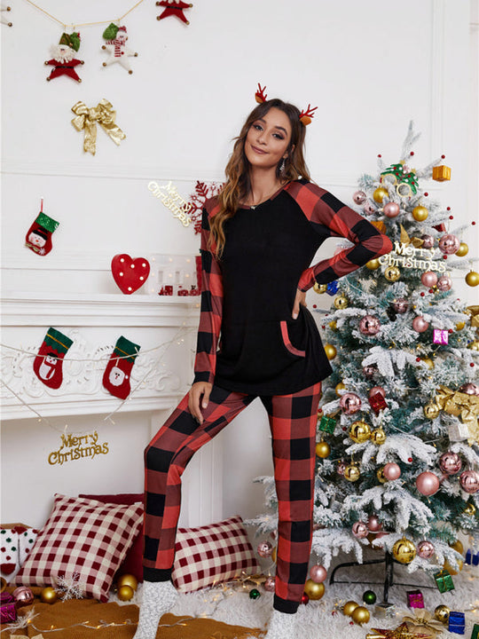 Women's round collar collision color plaid home set Christmas patchwork two-piece