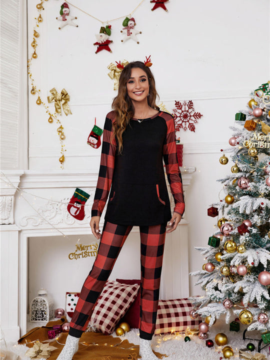 Women's round collar collision color plaid home set Christmas patchwork two-piece