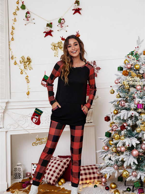 Women's round collar collision color plaid home set Christmas patchwork two-piece