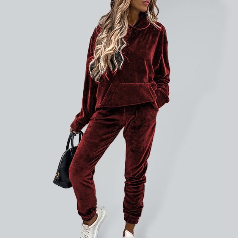 Women's solid color hooded sports casual velvet suit