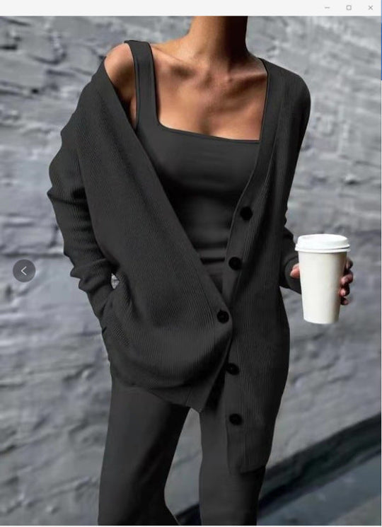 Women's solid color casual knitted three-piece suit