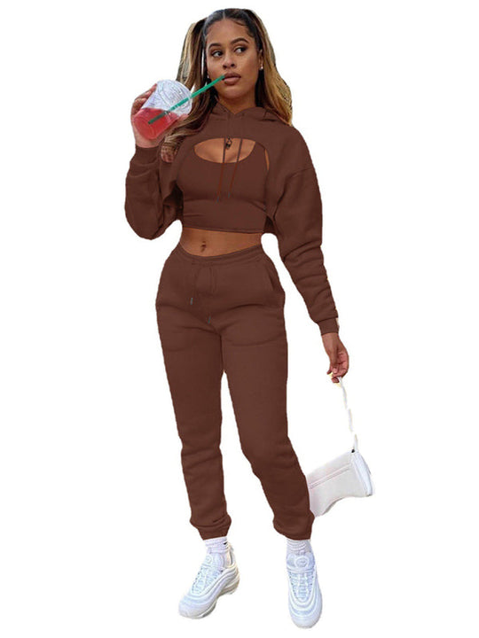 Women's Drawstring Solid Color Hoodie Long Sleeve Drawstring Trousers Vest Three-Piece Suit