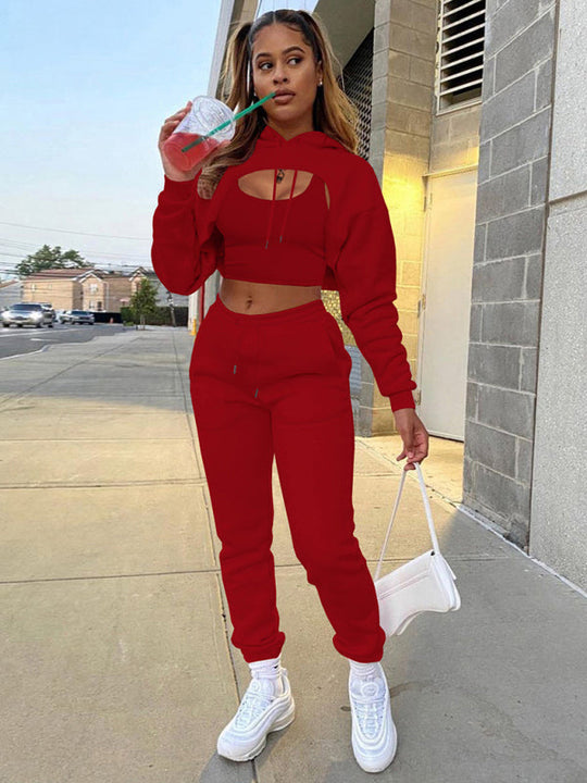 Women's Drawstring Solid Color Hoodie Long Sleeve Drawstring Trousers Vest Three-Piece Suit