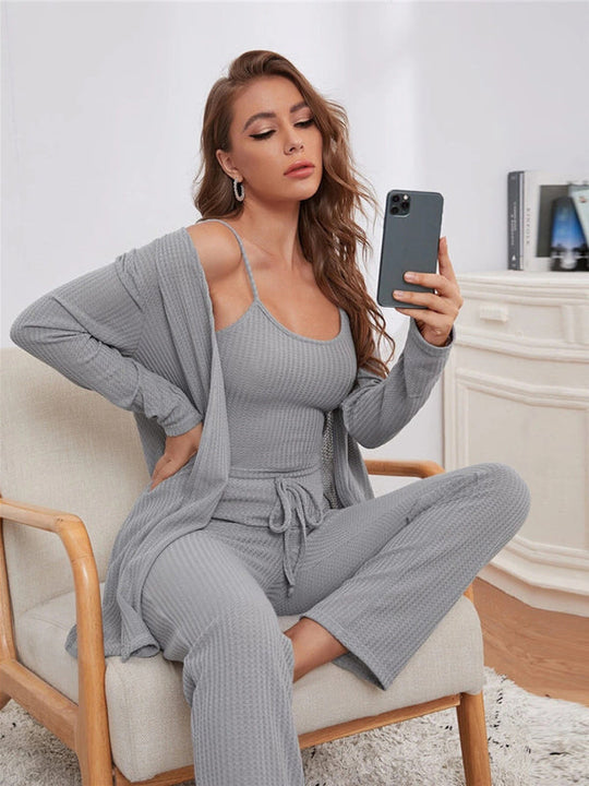 Loungewear Women's Waffle Knit Long Three-Piece Suit