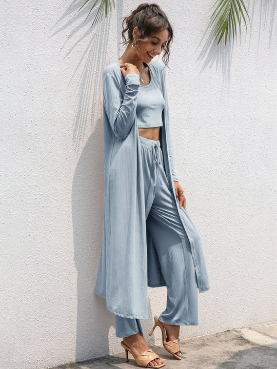 Women's Knitted Casual Fashion Vest + Jacket + Wide-leg Pants Three-piece Set