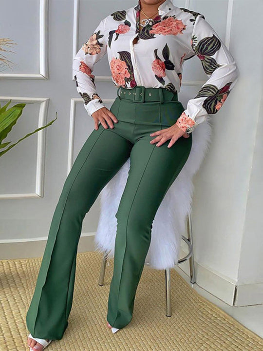 Set printed long-sleeved shirt top wide-leg pants two-piece set