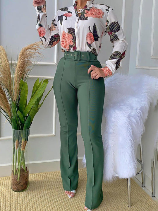 Set printed long-sleeved shirt top wide-leg pants two-piece set