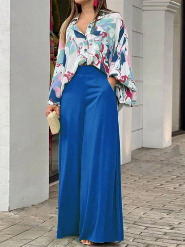 Summer loose casual printed shirt top wide-leg pants two-piece set