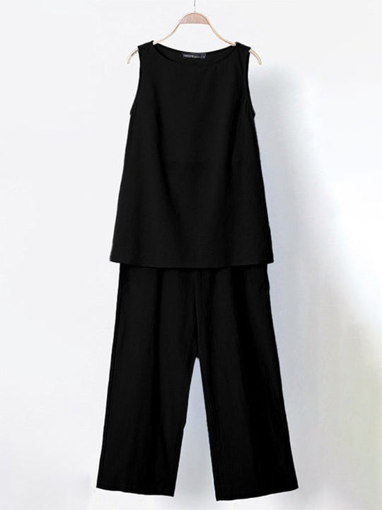 Women's Solid Color Cotton Linen Sleeveless Top + Wide-leg Pants Two-Piece Suit