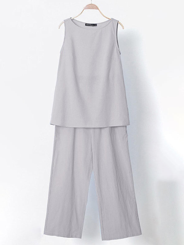 Women's Solid Color Cotton Linen Sleeveless Top + Wide-leg Pants Two-Piece Suit