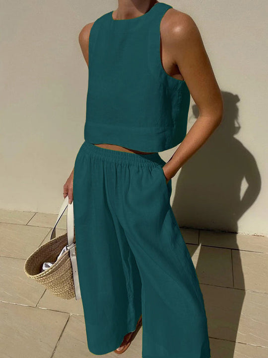 New casual loose solid color sleeveless shirt trousers two-piece set