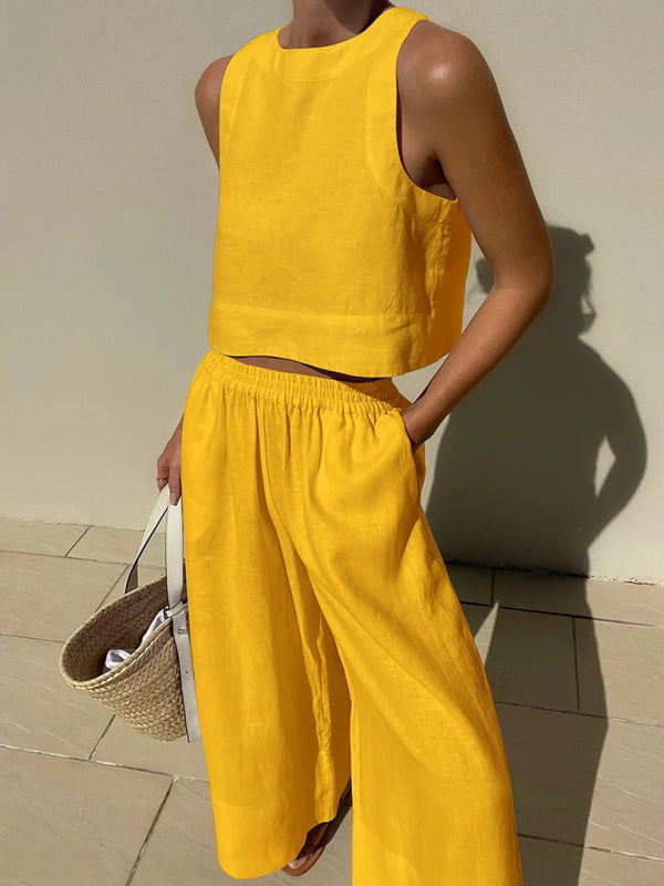 New casual loose solid color sleeveless shirt trousers two-piece set