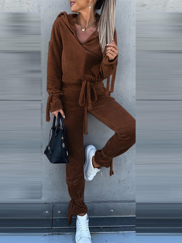 New casual long-sleeved solid color hooded sweater harem pants suit two-piece set