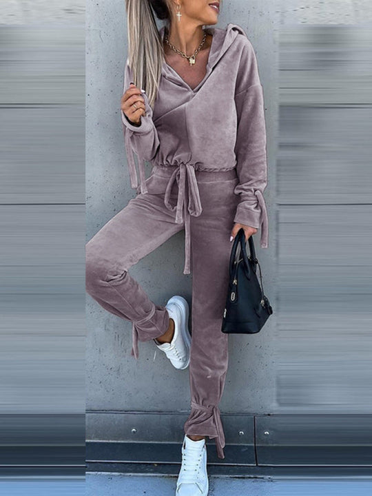 New casual long-sleeved solid color hooded sweater harem pants suit two-piece set