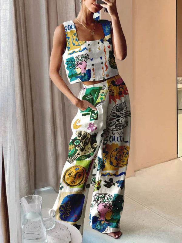 New women's printed wide-leg pants + vest casual fashion two-piece suit