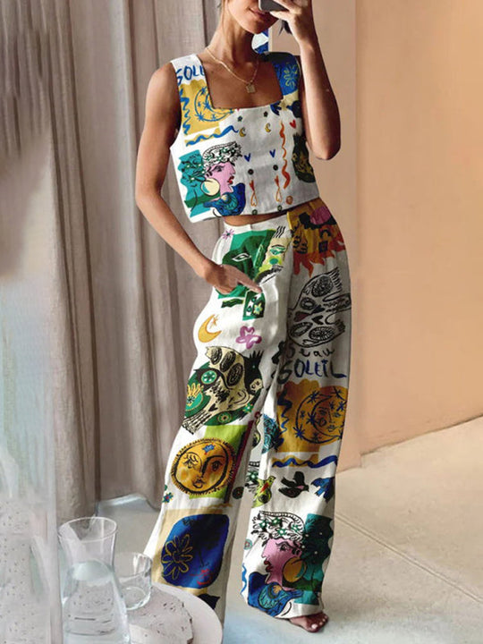 New women's printed wide-leg pants + vest casual fashion two-piece suit