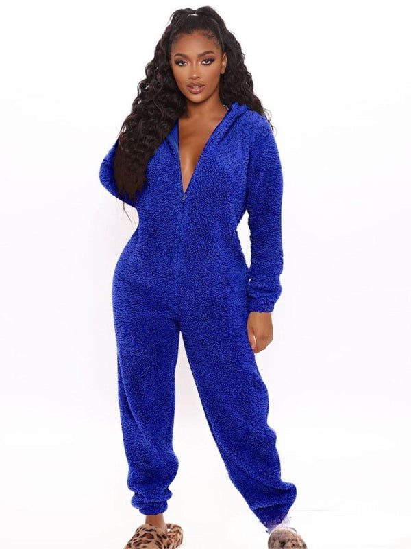 Long Sleeve Hooded Casual Jumpsuit Pants Plush Loungewear