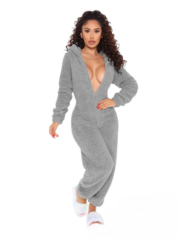 Long Sleeve Hooded Casual Jumpsuit Pants Plush Loungewear