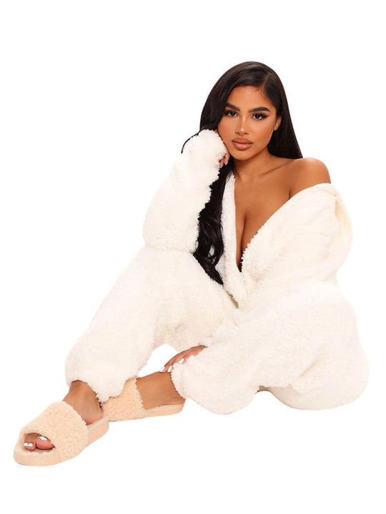 Long Sleeve Hooded Casual Jumpsuit Pants Plush Loungewear