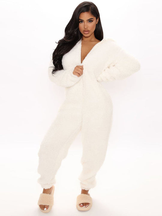 Long Sleeve Hooded Casual Jumpsuit Pants Plush Loungewear