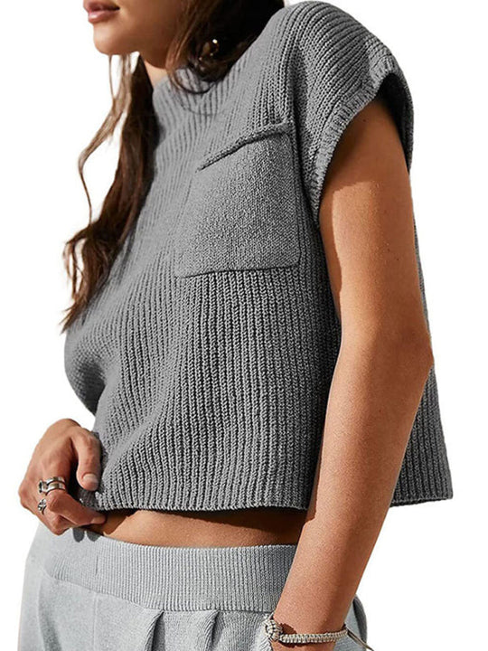 Fashion Women's Knitted Vest Sleeveless Pocket Casual Pullover Vest