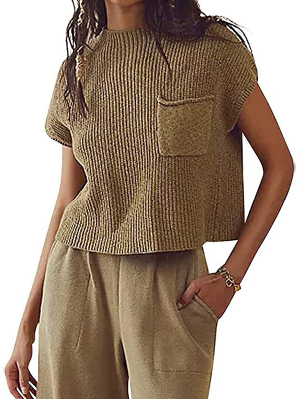 Fashion Women's Knitted Vest Sleeveless Pocket Casual Pullover Vest