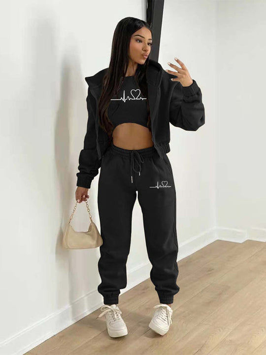 New velvet sweatshirt hooded letter print casual suit (three-piece set)