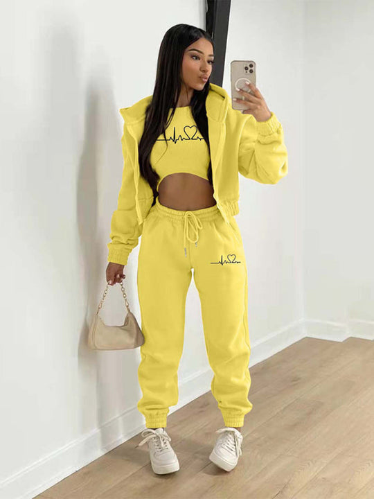 New velvet sweatshirt hooded letter print casual suit (three-piece set)