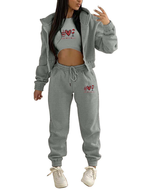 Valentine's Day Christmas love wine glass printed hooded sports and leisure suit (three-piece set)