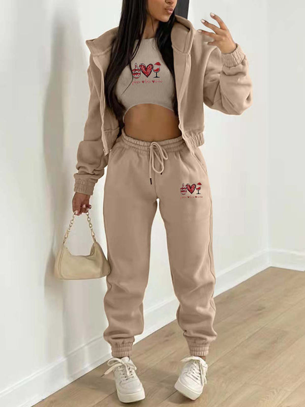 Valentine's Day Christmas love wine glass printed hooded sports and leisure suit (three-piece set)