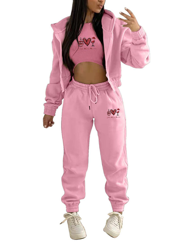 Valentine's Day Christmas love wine glass printed hooded sports and leisure suit (three-piece set)