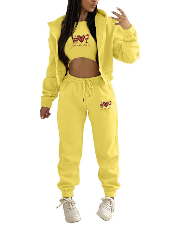 Valentine's Day Christmas love wine glass printed hooded sports and leisure suit (three-piece set)