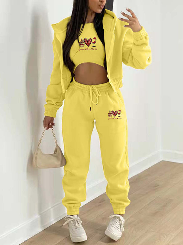 Valentine's Day Christmas love wine glass printed hooded sports and leisure suit (three-piece set)