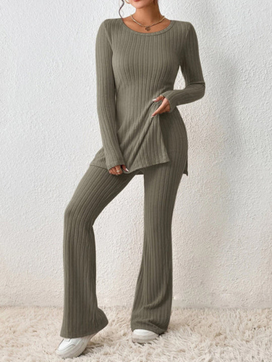 Women's casual slim side slit knitted two-piece set