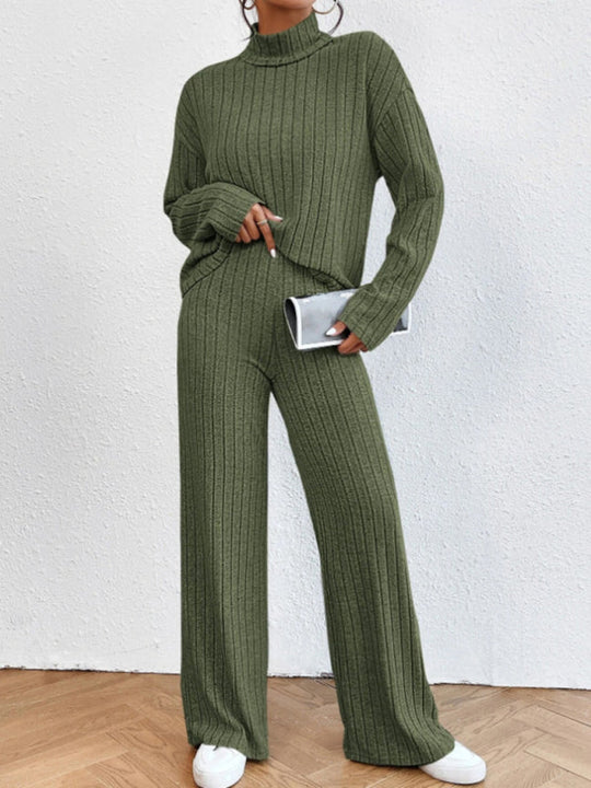 Casual high collar knitted long sleeve women's knitted two-piece set