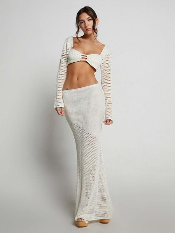 Tie long sleeve hip-hugging casual knitted maxi skirt suit