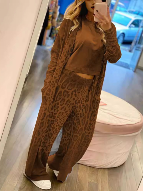 New leopard print long-sleeved cardigan jacket + trousers two-piece set