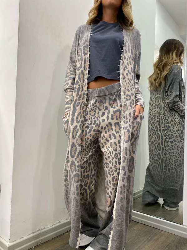 New leopard print long-sleeved cardigan jacket + trousers two-piece set