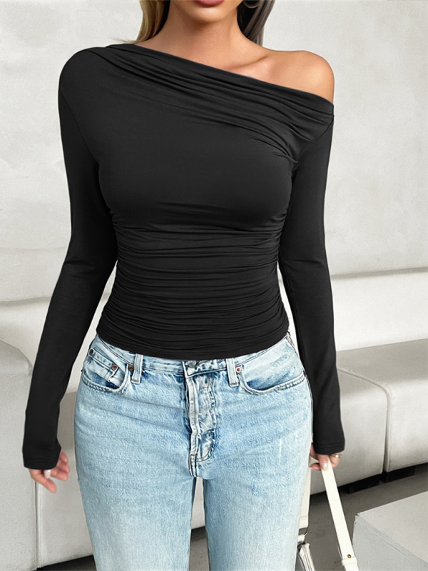 Women's casual slim fit solid color oblique collar pullover top