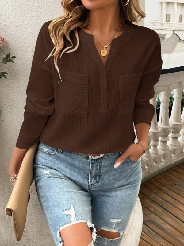 Women's shirt v-neck temperament casual solid color pullover top