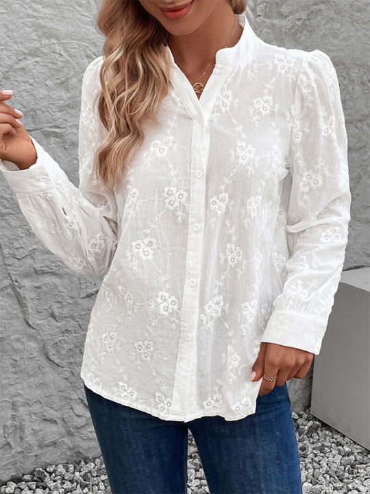 Women's Cardigan Shirt Long Sleeve Hollow Lace Top Jacquard Shirt