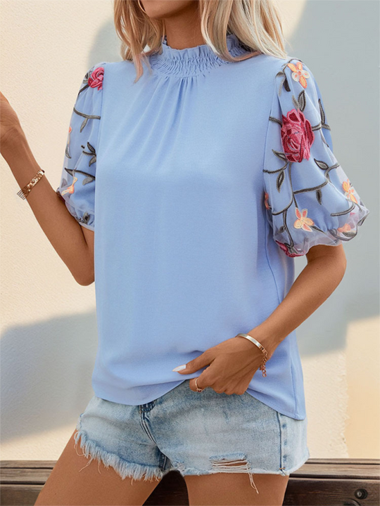 New embroidered mesh splicing short-sleeved shirt with stand-up collar and elegant shirt